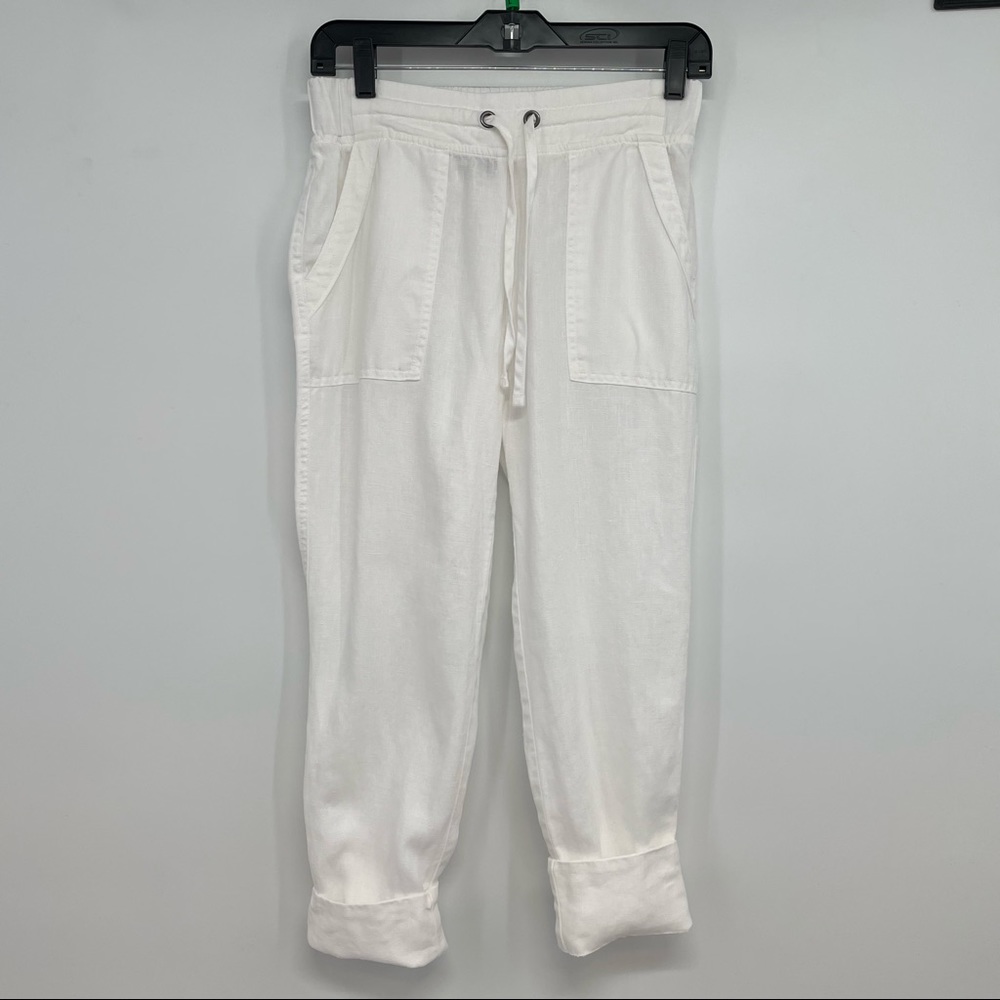 Athleta Linen Cuffed Ankle Pants Womens Size 0 Drawstring Pull On Crop White